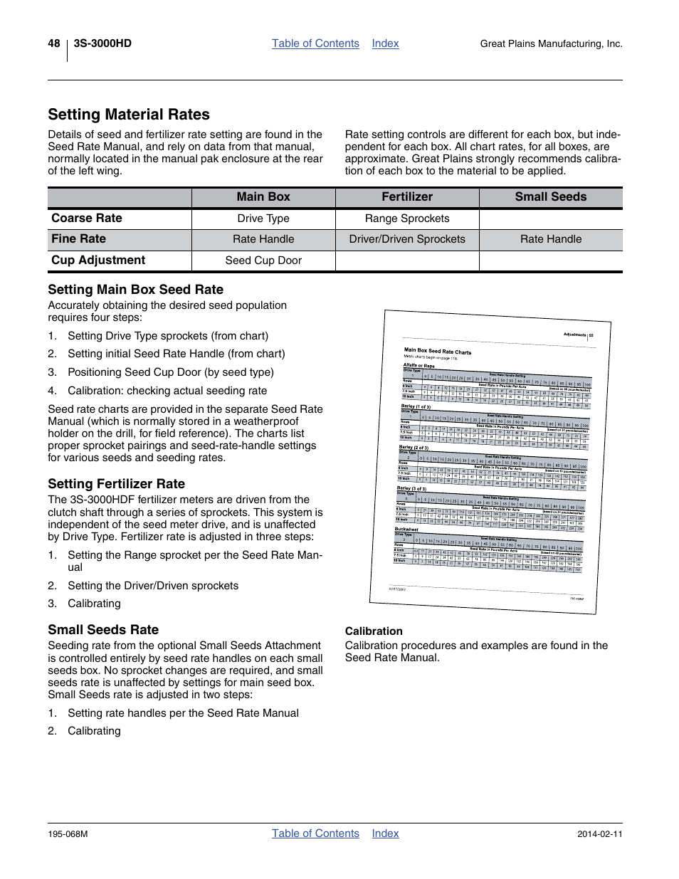 Setting material rates, Setting main box seed rate, Setting fertilizer rate | Small seeds rate, Setting fertilizer rate small seeds rate | Great Plains 3S-3000HDF Operator Manual v2 User Manual | Page 52 / 118