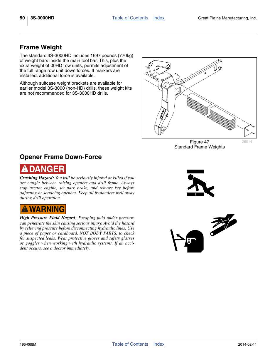 Frame weight, Opener frame down-force, Frame weight opener frame down-force | Frame weight (at higher pressures), and | Great Plains 3S-3000HDF Operator Manual v2 User Manual | Page 54 / 118