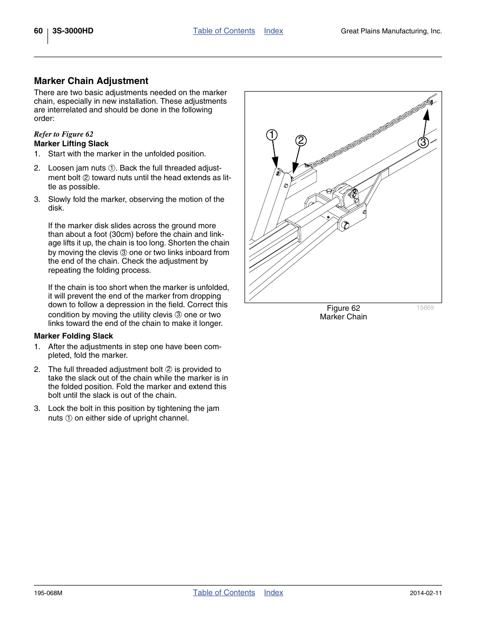 Marker chain adjustment, Marker lifting slack, Marker folding slack | Marker lifting slack marker folding slack | Great Plains 3S-3000HDF Operator Manual v2 User Manual | Page 64 / 118