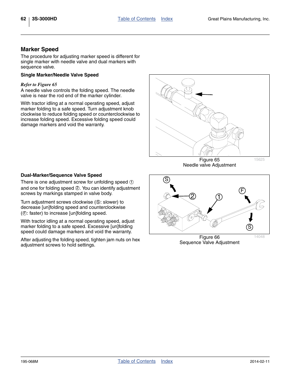 Marker speed, Single marker/needle valve speed, Dual-marker/sequence valve speed | Great Plains 3S-3000HDF Operator Manual v2 User Manual | Page 66 / 118