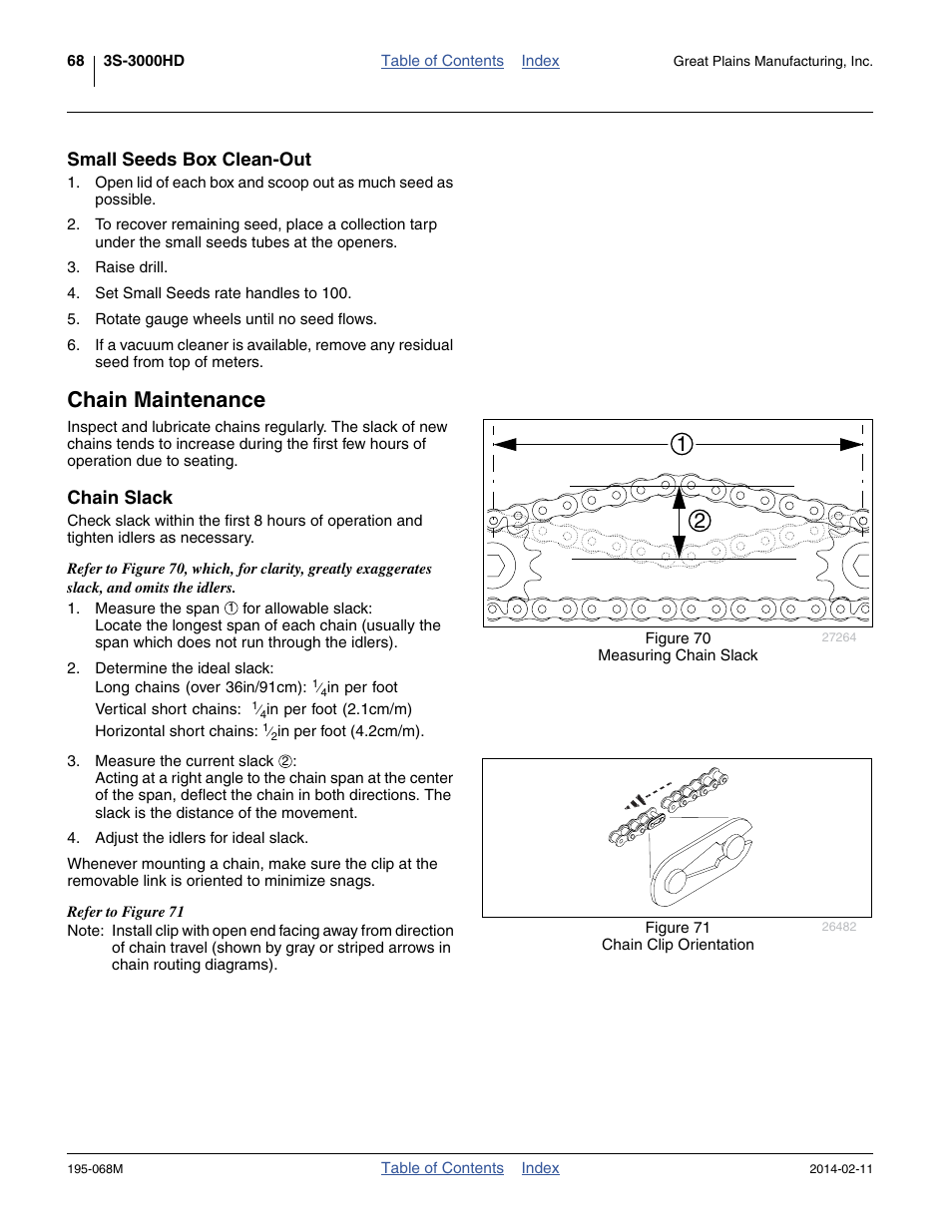 Small seeds box clean-out, Chain maintenance, Chain slack | Great Plains 3S-3000HDF Operator Manual v2 User Manual | Page 72 / 118