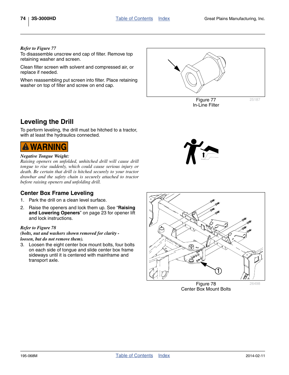 Leveling the drill, Center box frame leveling | Great Plains 3S-3000HDF Operator Manual v2 User Manual | Page 78 / 118