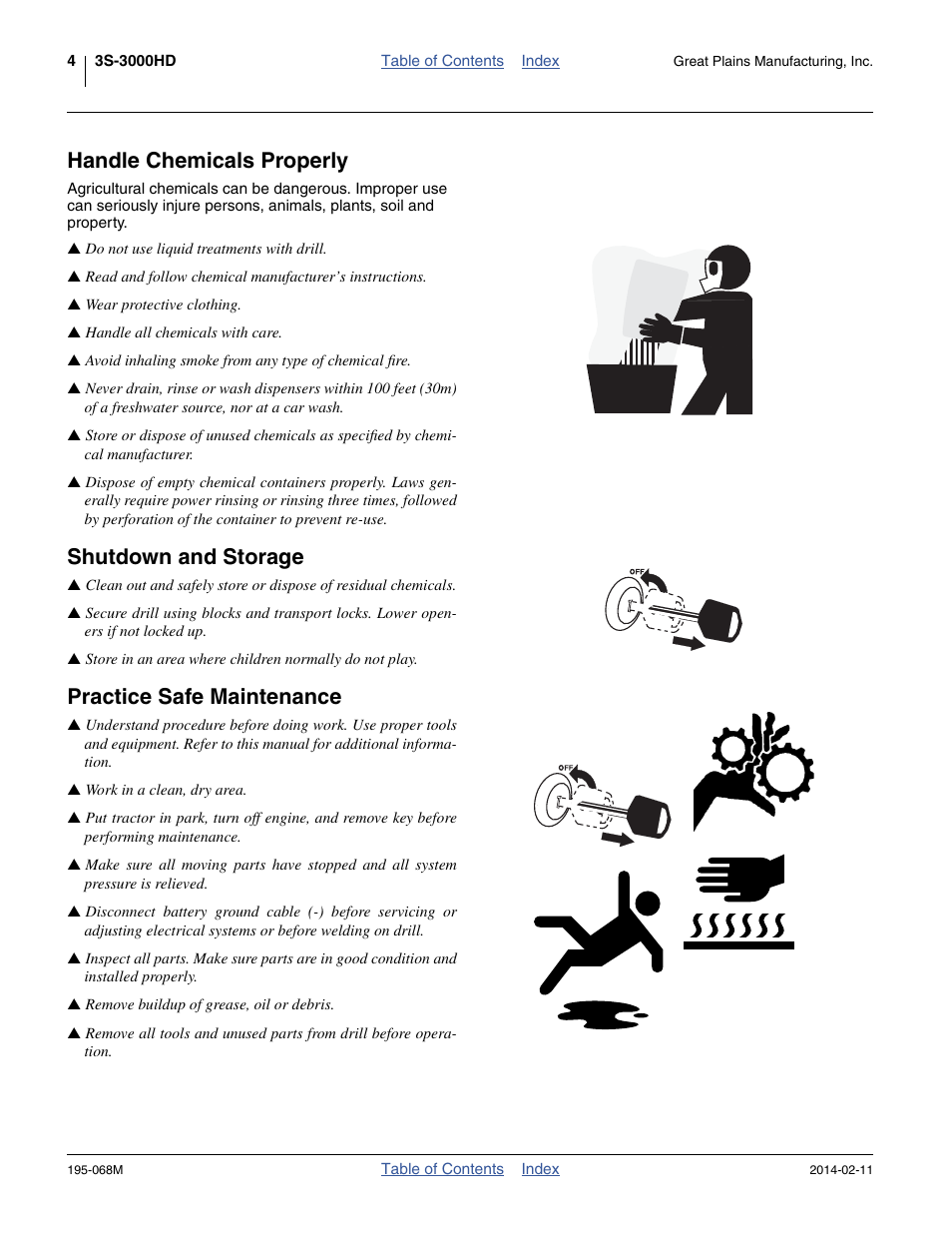 Handle chemicals properly, Shutdown and storage, Practice safe maintenance | Great Plains 3S-3000HDF Operator Manual v2 User Manual | Page 8 / 118