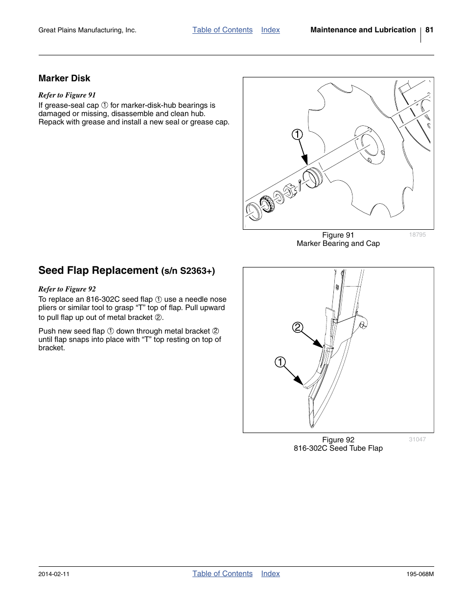 Marker disk, Seed flap replacement (s/n s2363+), Seed flap replacement | S/n s2363+) | Great Plains 3S-3000HDF Operator Manual v2 User Manual | Page 85 / 118