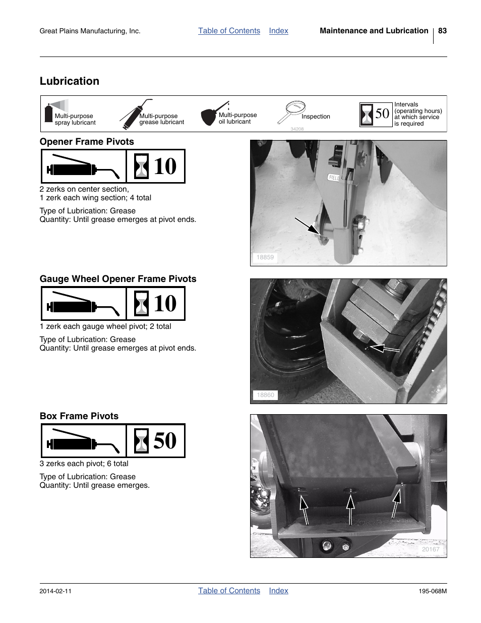 Lubrication, Opener frame pivots, Gauge wheel opener frame pivots | Box frame pivots | Great Plains 3S-3000HDF Operator Manual v2 User Manual | Page 87 / 118