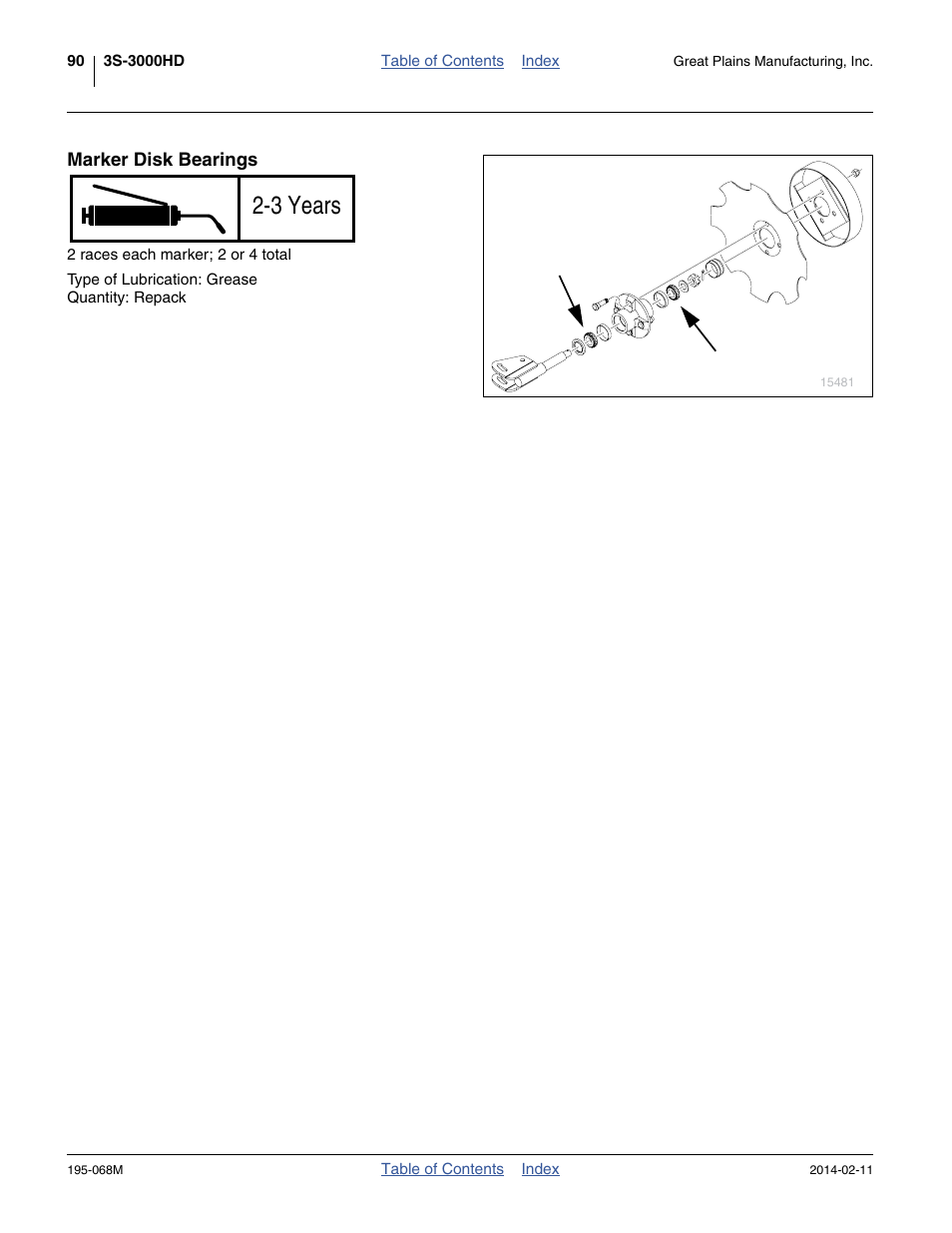 Marker disk bearings, 3 years | Great Plains 3S-3000HDF Operator Manual v2 User Manual | Page 94 / 118