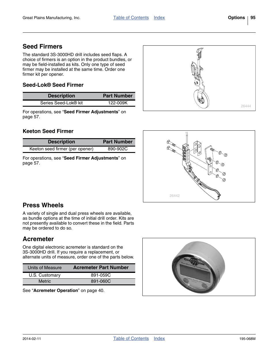 Seed firmers, Seed-lok® seed firmer, Keeton seed firmer | Press wheels, Acremeter, Seed-lok® seed firmer keeton seed firmer, Press wheels acremeter | Great Plains 3S-3000HDF Operator Manual v2 User Manual | Page 99 / 118