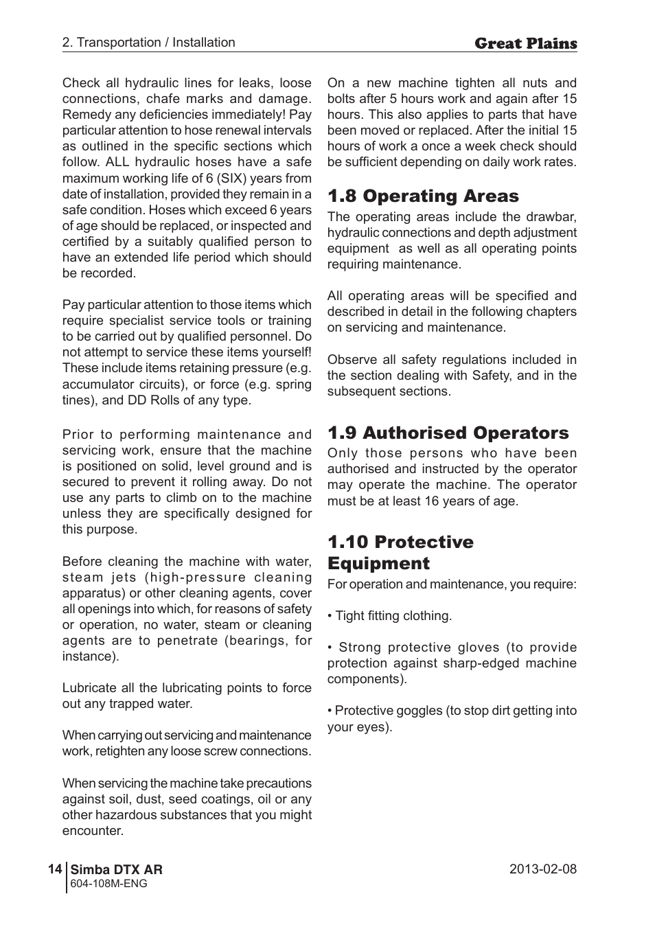 8 operating areas, 9 authorised operators, 10 protective equipment | Great Plains Simba DTX AR Operator Manual User Manual | Page 14 / 36