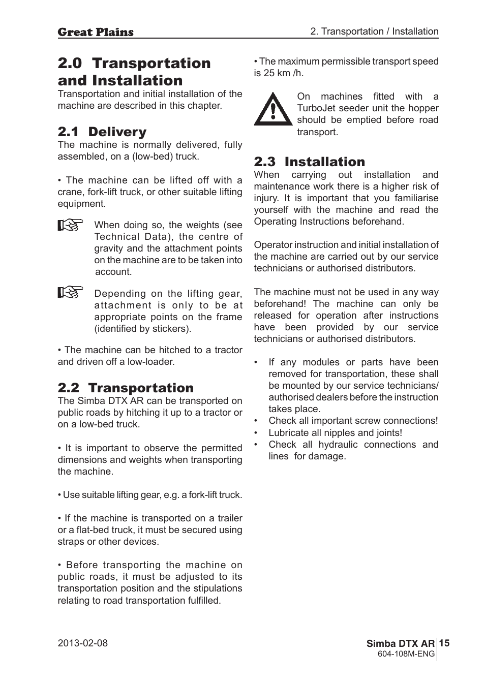 0 transportation and installation, 1 delivery, 2 transportation | 3 installation | Great Plains Simba DTX AR Operator Manual User Manual | Page 15 / 36