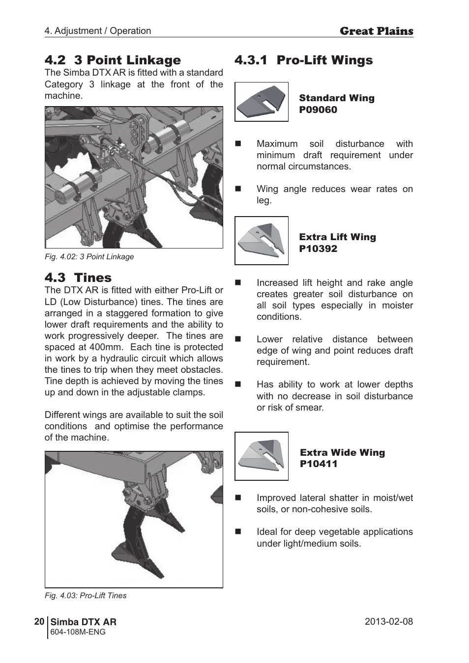 2 3 point linkage, 3 tines, 1 pro-lift wings | Great Plains Simba DTX AR Operator Manual User Manual | Page 20 / 36