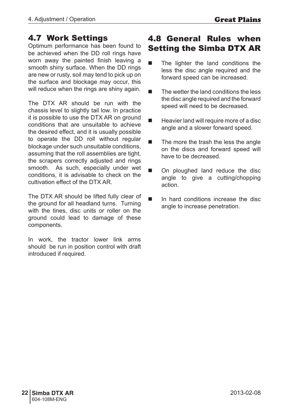 7 work settings, 8 general rules when setting the simba dtx ar | Great Plains Simba DTX AR Operator Manual User Manual | Page 22 / 36