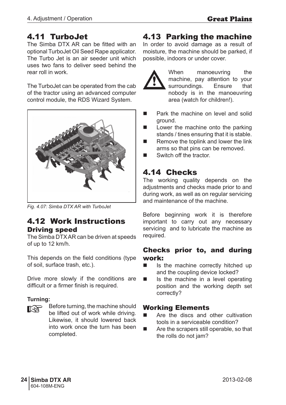 13 parking the machine, 11 turbojet, 12 work instructions | 14 checks | Great Plains Simba DTX AR Operator Manual User Manual | Page 24 / 36