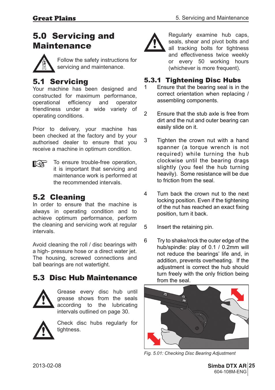 0 servicing and maintenance, 3 disc hub maintenance, 1 servicing | 2 cleaning | Great Plains Simba DTX AR Operator Manual User Manual | Page 25 / 36