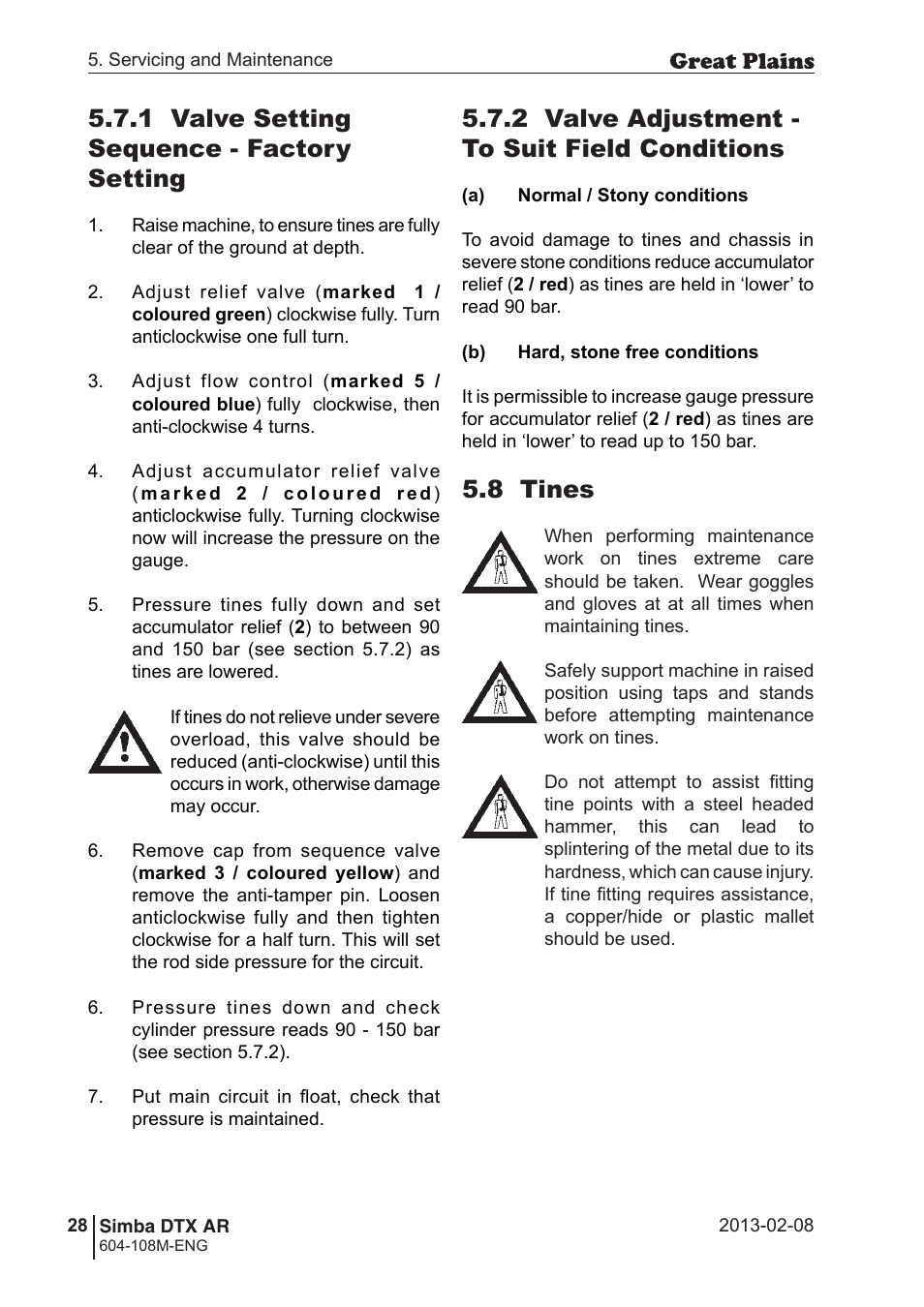 1 valve setting sequence - factory setting, 2 valve adjustment - to suit field conditions, 8 tines | Great Plains Simba DTX AR Operator Manual User Manual | Page 28 / 36