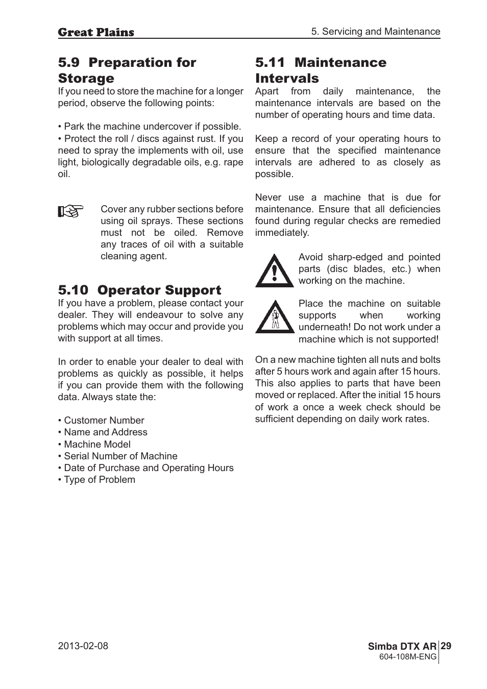 9 preparation for storage, 11 maintenance intervals, 10 operator support | Great Plains Simba DTX AR Operator Manual User Manual | Page 29 / 36