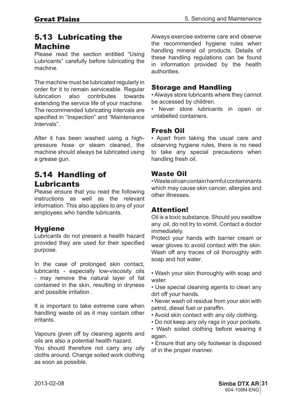 13 lubricating the machine, 14 handling of lubricants | Great Plains Simba DTX AR Operator Manual User Manual | Page 31 / 36
