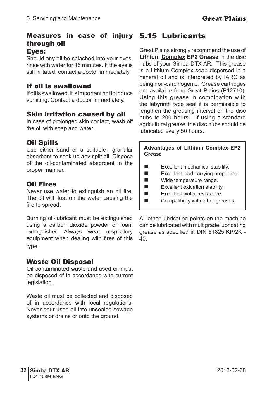 15 lubricants | Great Plains Simba DTX AR Operator Manual User Manual | Page 32 / 36