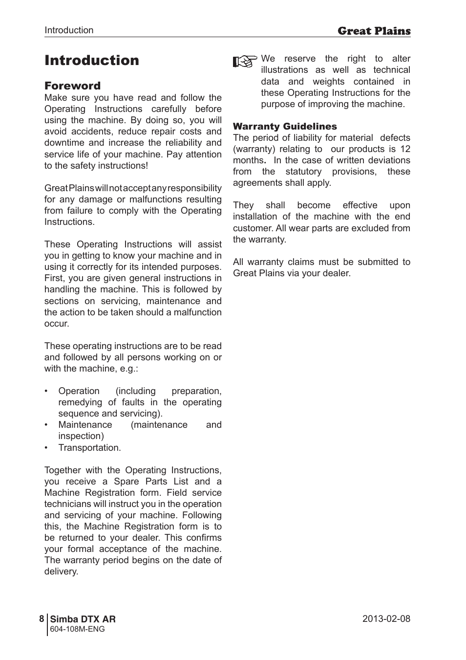 Introduction | Great Plains Simba DTX AR Operator Manual User Manual | Page 8 / 36