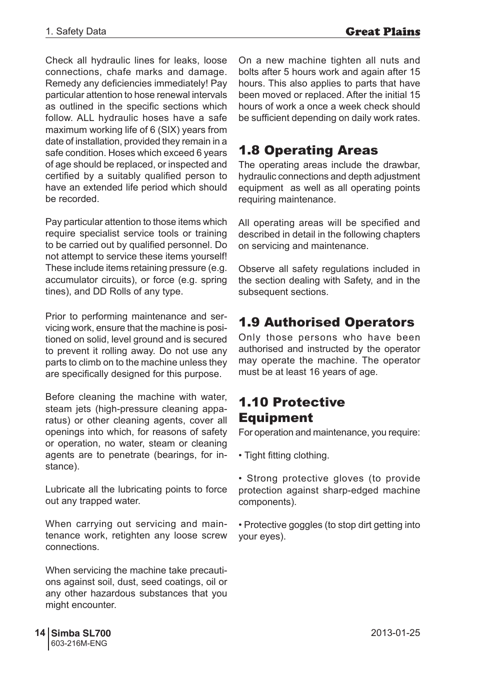 8 operating areas, 9 authorised operators, 10 protective equipment | Great Plains Simba SL700 Operator Manual User Manual | Page 14 / 38