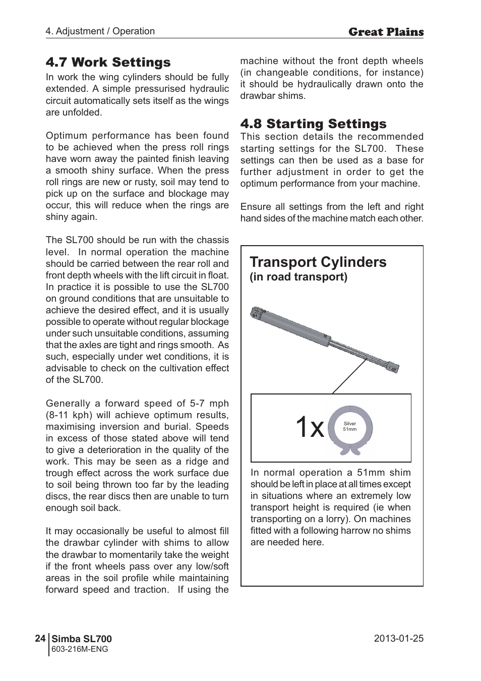 Transport cylinders, 8 starting settings, 7 work settings | Great Plains Simba SL700 Operator Manual User Manual | Page 24 / 38