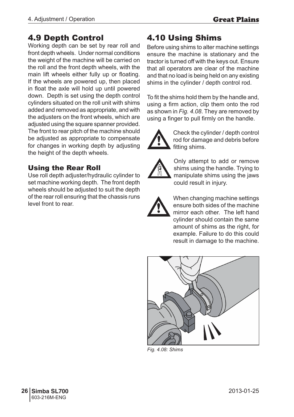 9 depth control, 10 using shims | Great Plains Simba SL700 Operator Manual User Manual | Page 26 / 38