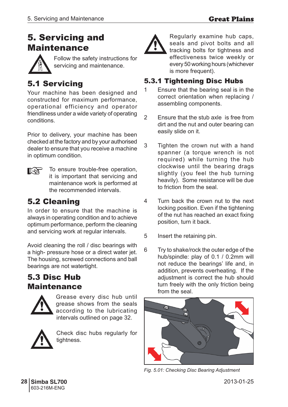 Servicing and maintenance, 1 servicing, 2 cleaning | 3 disc hub maintenance | Great Plains Simba SL700 Operator Manual User Manual | Page 28 / 38