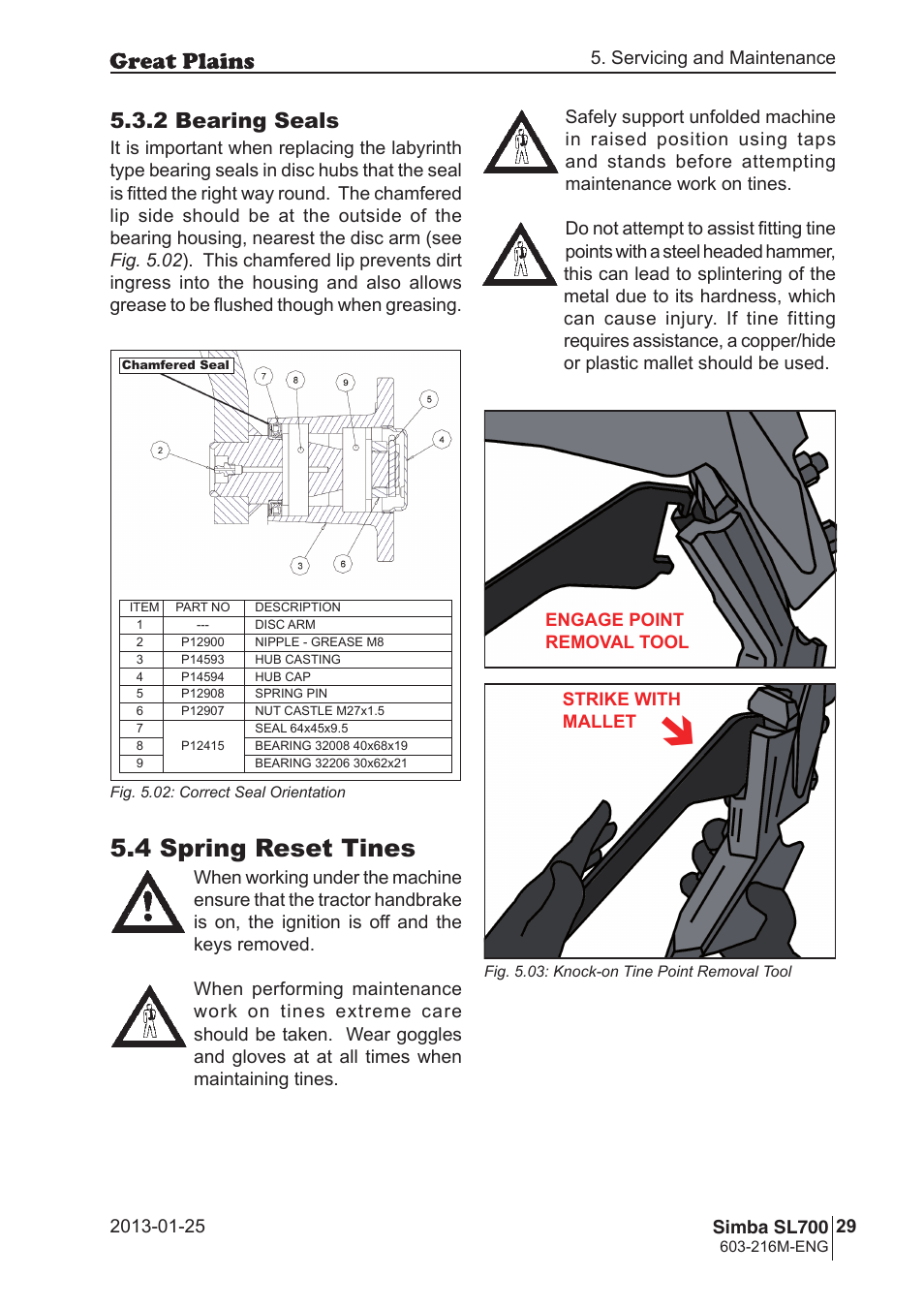 4 spring reset tines, 2 bearing seals | Great Plains Simba SL700 Operator Manual User Manual | Page 29 / 38