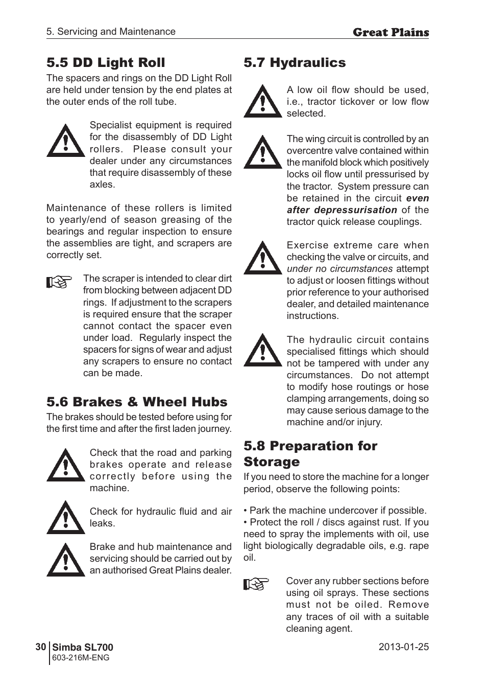 5 dd light roll, 6 brakes & wheel hubs, 7 hydraulics | 8 preparation for storage | Great Plains Simba SL700 Operator Manual User Manual | Page 30 / 38