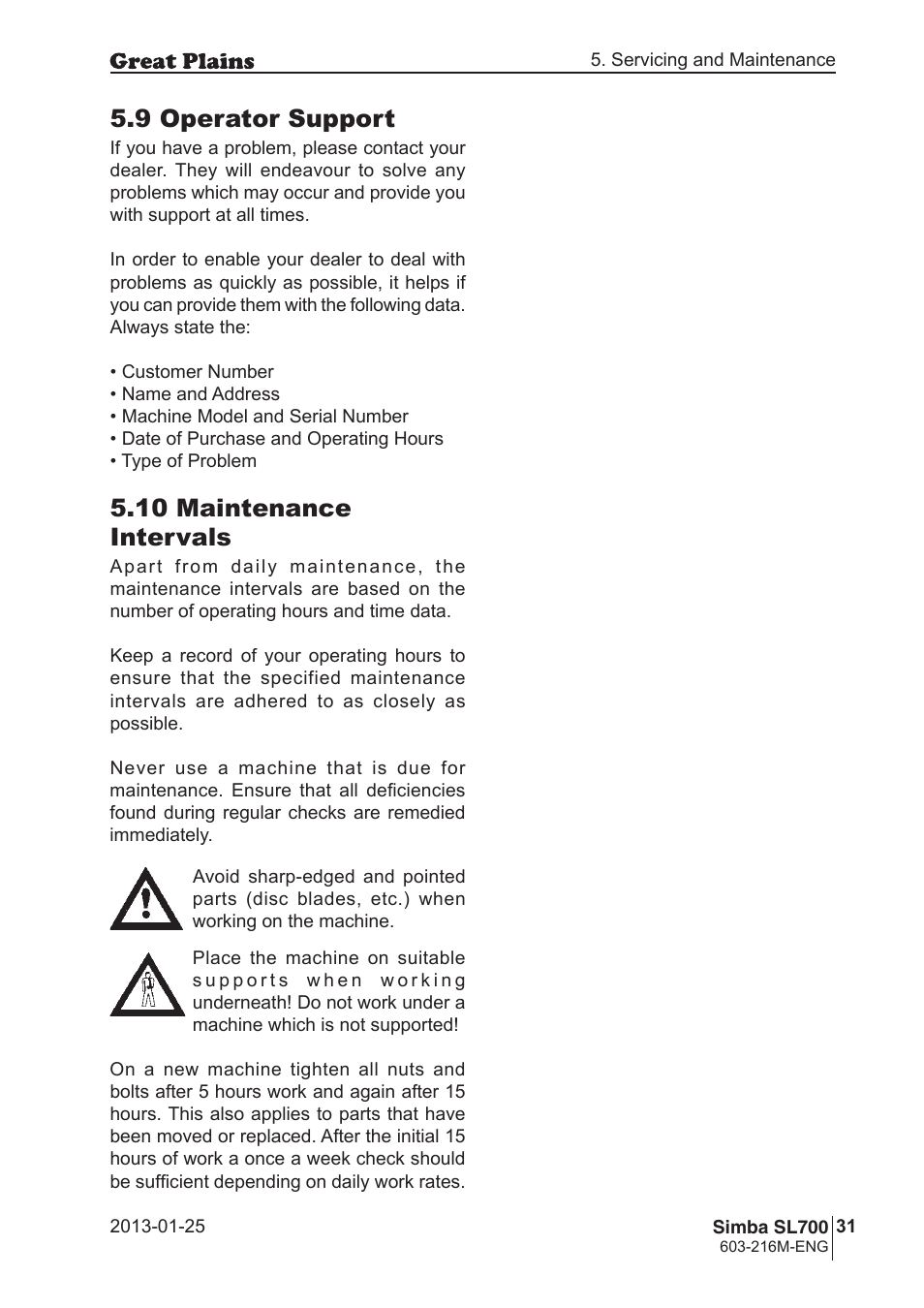 9 operator support, 10 maintenance intervals | Great Plains Simba SL700 Operator Manual User Manual | Page 31 / 38