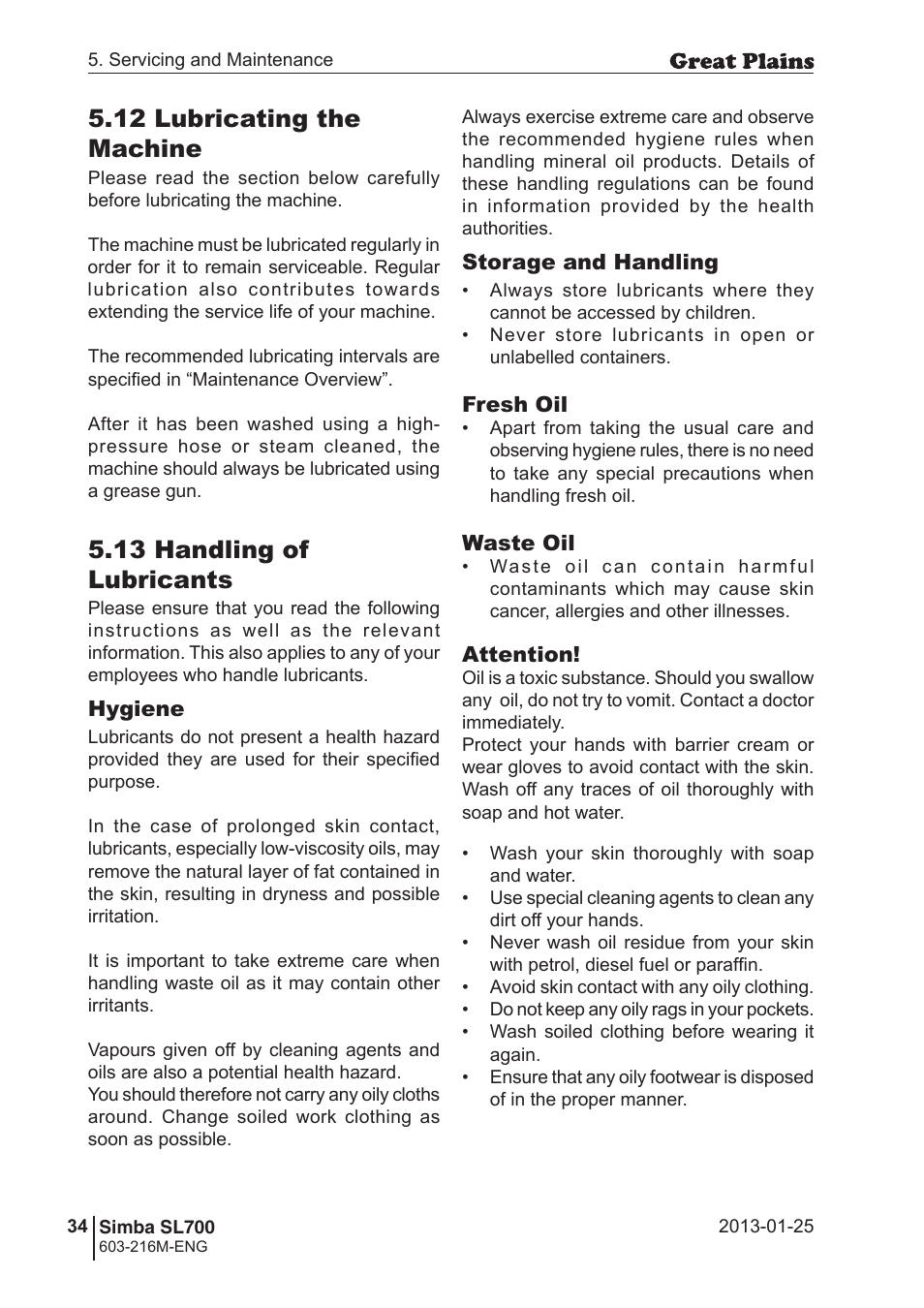 12 lubricating the machine, 13 handling of lubricants | Great Plains Simba SL700 Operator Manual User Manual | Page 34 / 38