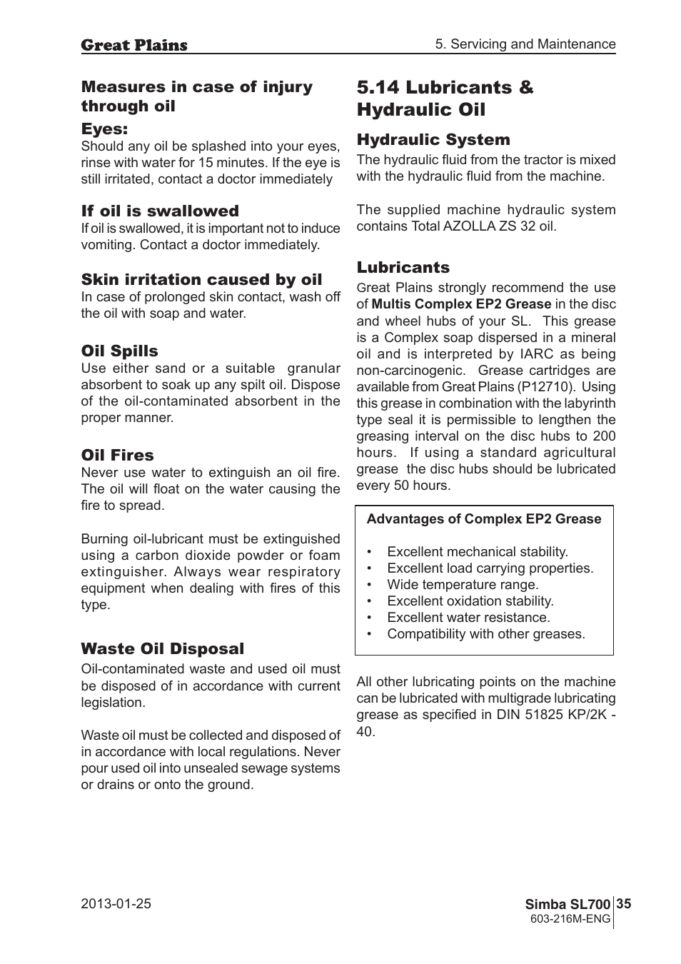 14 lubricants & hydraulic oil | Great Plains Simba SL700 Operator Manual User Manual | Page 35 / 38