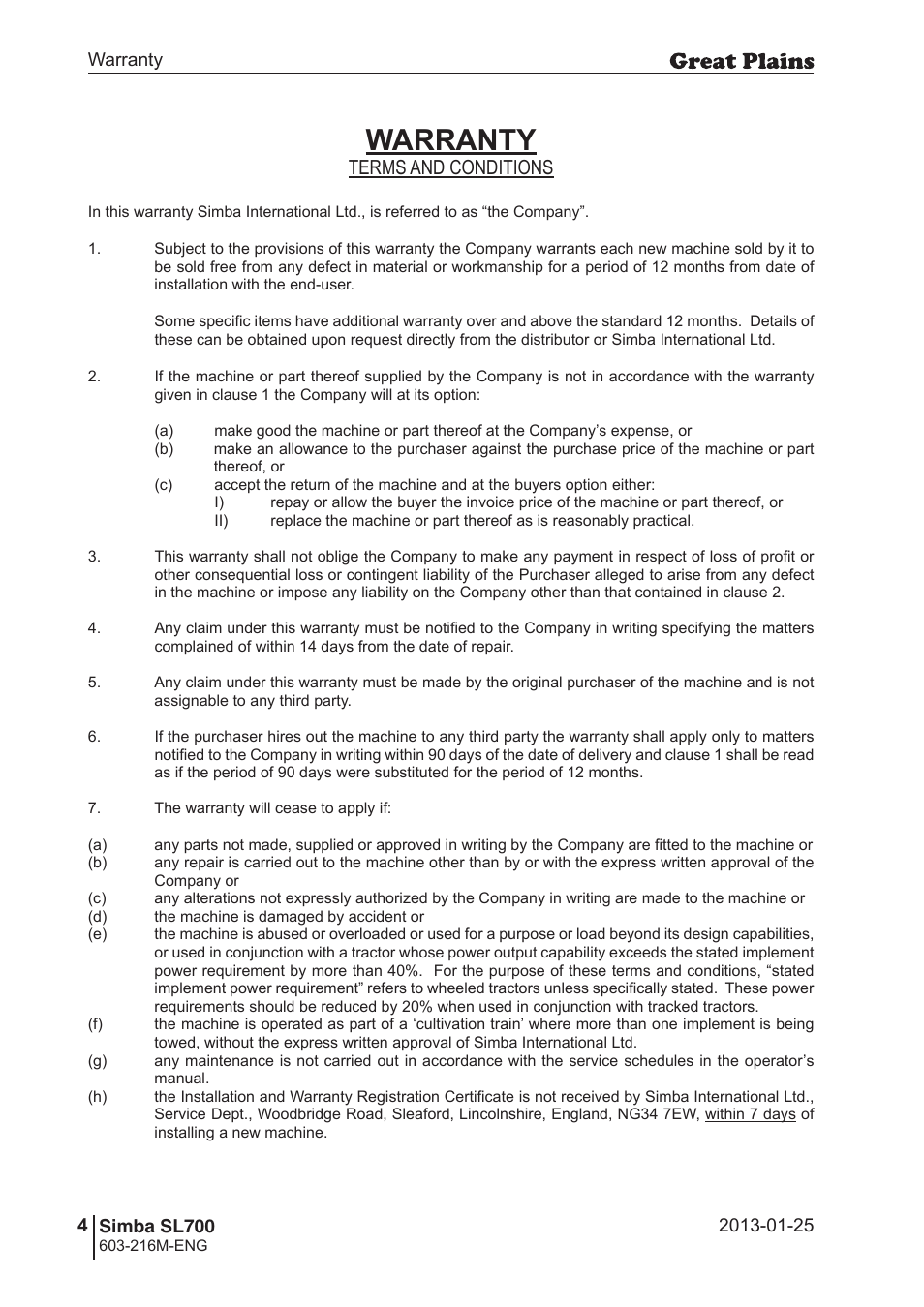 Warranty, Terms and conditions | Great Plains Simba SL700 Operator Manual User Manual | Page 4 / 38