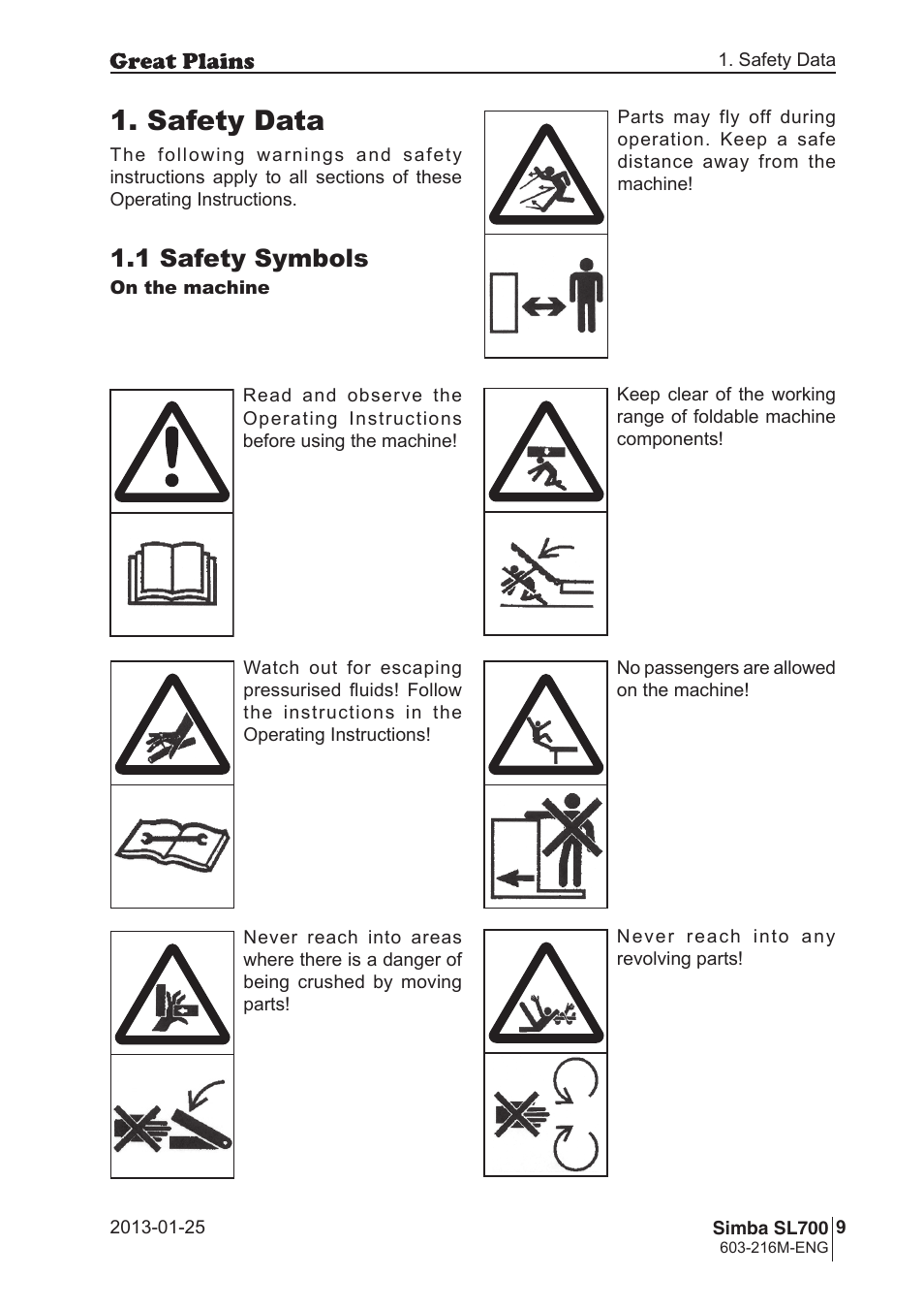 Safety data, 1 safety symbols | Great Plains Simba SL700 Operator Manual User Manual | Page 9 / 38