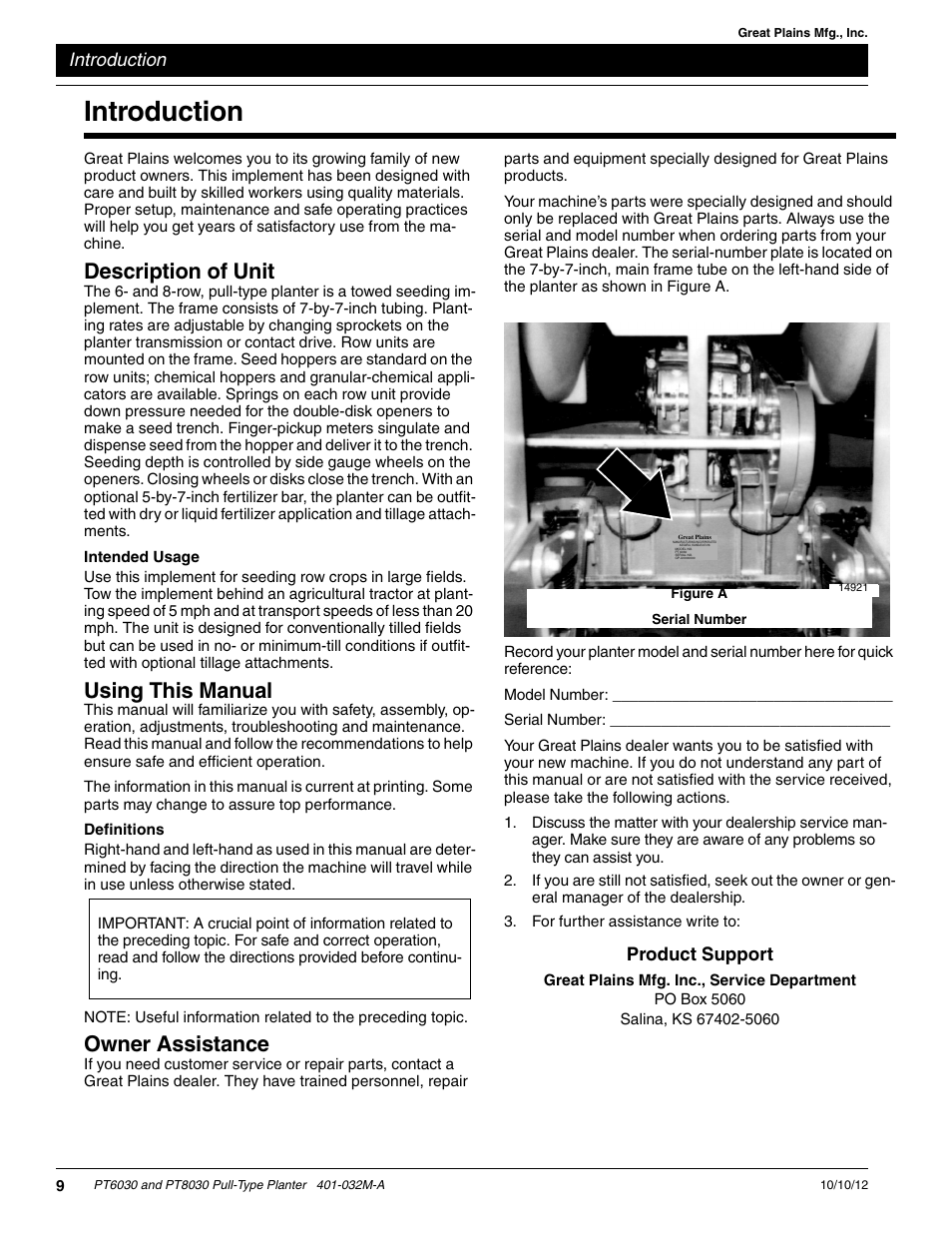 Introduction, Description of unit, Intended usage | Using this manual, Definitions, Owner assistance, Product support | Great Plains PT8030 V1013 Operator Manual User Manual | Page 11 / 56