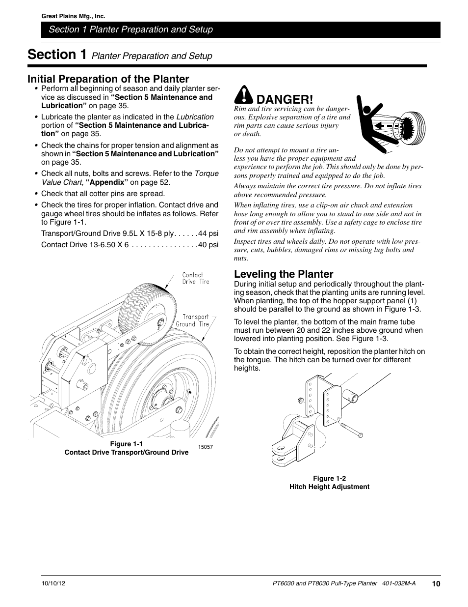 Initial preparation of the planter, Leveling the planter, Section 1 planter preparation and setup | Danger | Great Plains PT8030 V1013 Operator Manual User Manual | Page 12 / 56