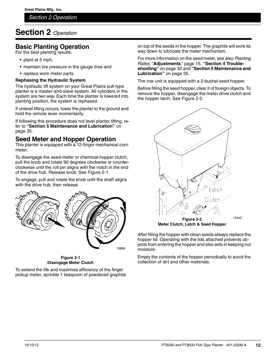 Basic planting operation, Rephasing the hydraulic system, Seed meter and hopper operation | Section 2 operation, Section 2 operation” on | Great Plains PT8030 V1013 Operator Manual User Manual | Page 14 / 56