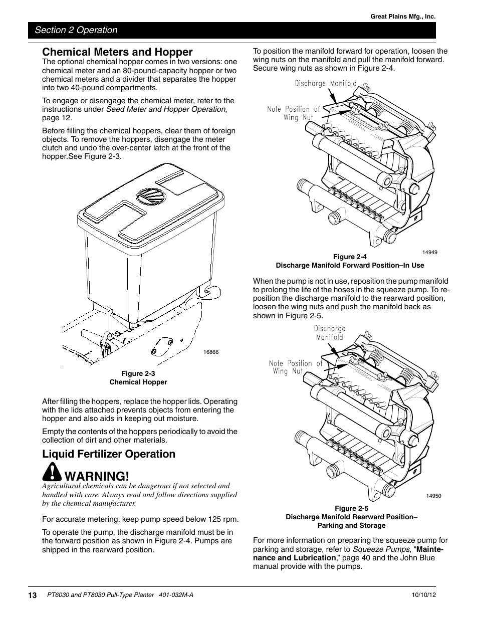 Chemical meters and hopper, Liquid fertilizer operation, Warning | Great Plains PT8030 V1013 Operator Manual User Manual | Page 15 / 56