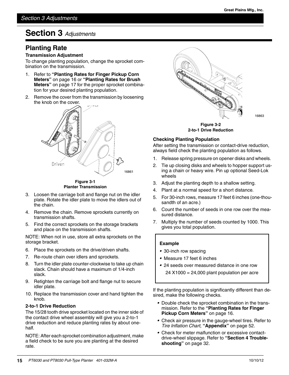 Planting rate, Transmission adjustment, To-1 drive reduction | Checking planting population, Section 3 adjustments | Great Plains PT8030 V1013 Operator Manual User Manual | Page 17 / 56