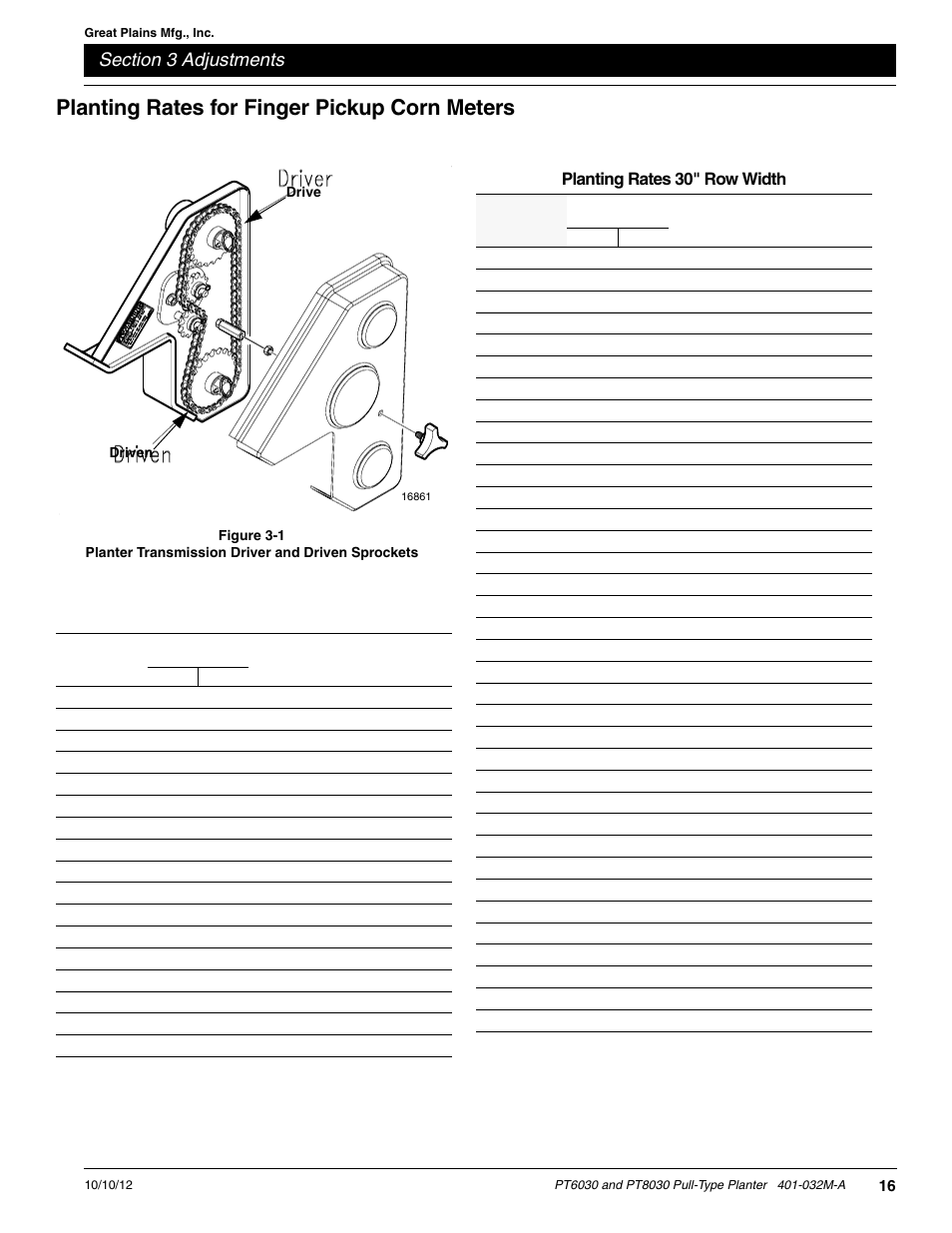 Planting rates for finger pickup corn meters, 16 or, Planting rates 30" row width | Great Plains PT8030 V1013 Operator Manual User Manual | Page 18 / 56