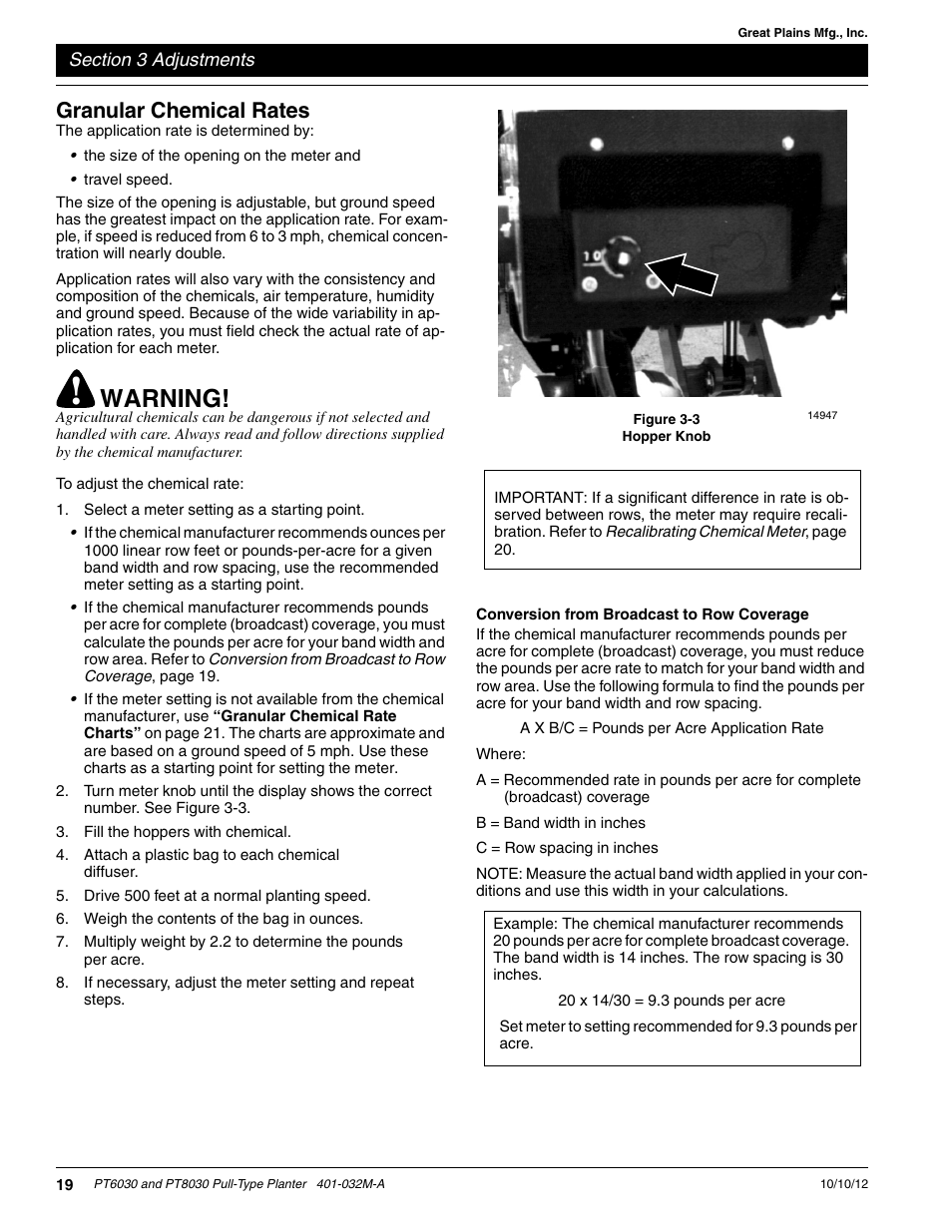 Granular chemical rates, Conversion from broadcast to row coverage, Warning | Great Plains PT8030 V1013 Operator Manual User Manual | Page 21 / 56