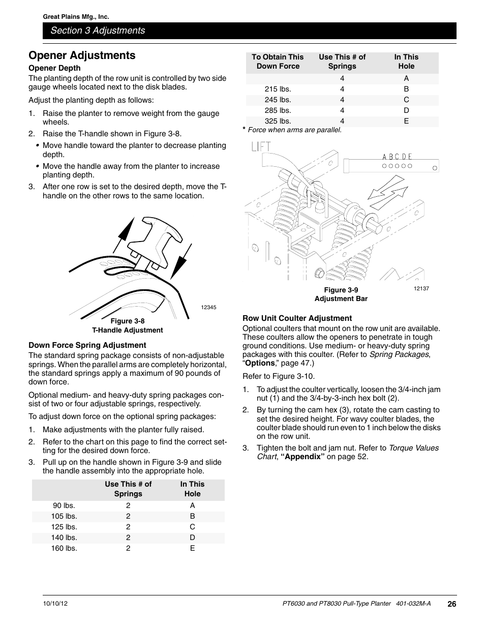 Opener adjustments, Opener depth, Down force spring adjustment | Row unit coulter adjustment | Great Plains PT8030 V1013 Operator Manual User Manual | Page 28 / 56