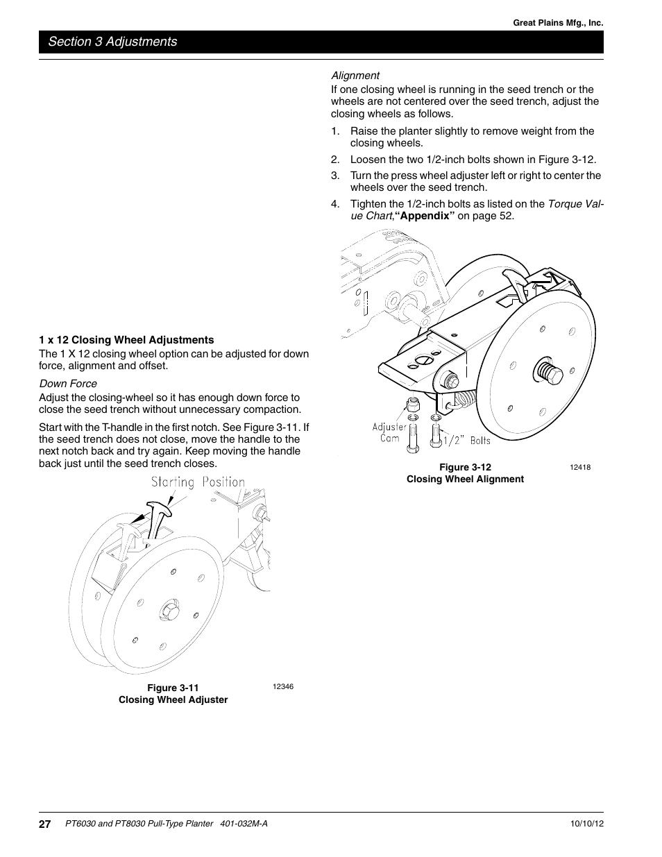 1 x 12 closing wheel adjustments, Er to figure 3-10 | Great Plains PT8030 V1013 Operator Manual User Manual | Page 29 / 56