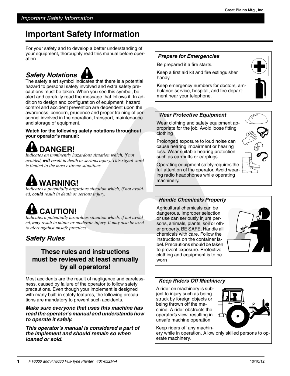 Important safety information, Safety notations, Safety rules | Prepare for emergencies, Wear protective equipment, Handle chemicals properly, Keep riders off machinery | Great Plains PT8030 V1013 Operator Manual User Manual | Page 3 / 56