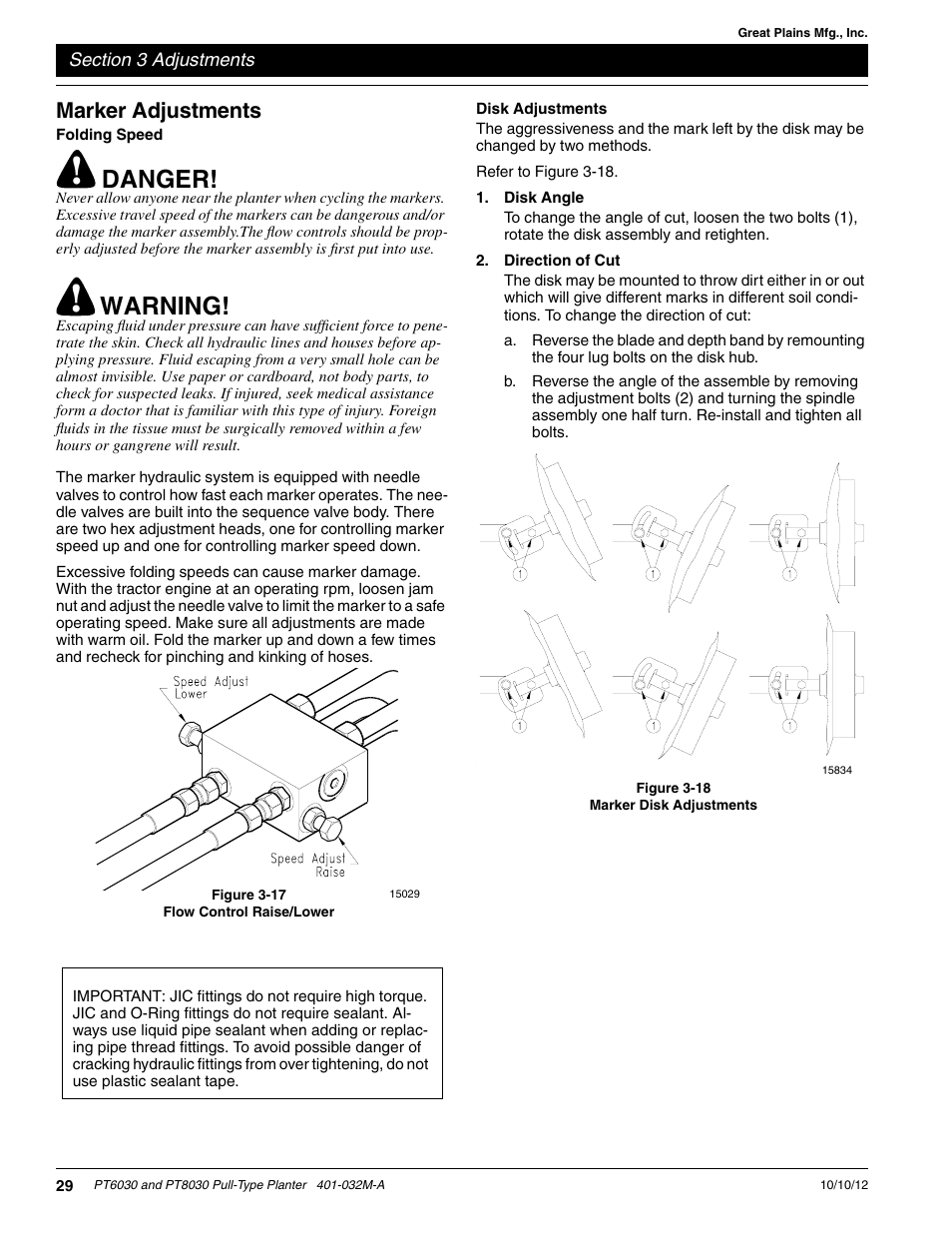Marker adjustments, Folding speed, Disk adjustments | Disk angle, Direction of cut, Danger, Warning | Great Plains PT8030 V1013 Operator Manual User Manual | Page 31 / 56