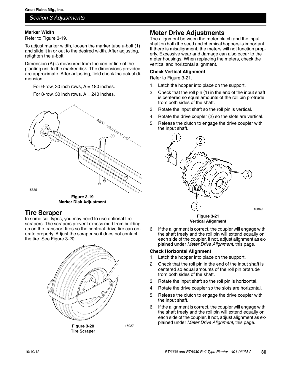 Marker width, Tire scraper, Meter drive adjustments | Check vertical alignment, Check horizontal alignment | Great Plains PT8030 V1013 Operator Manual User Manual | Page 32 / 56