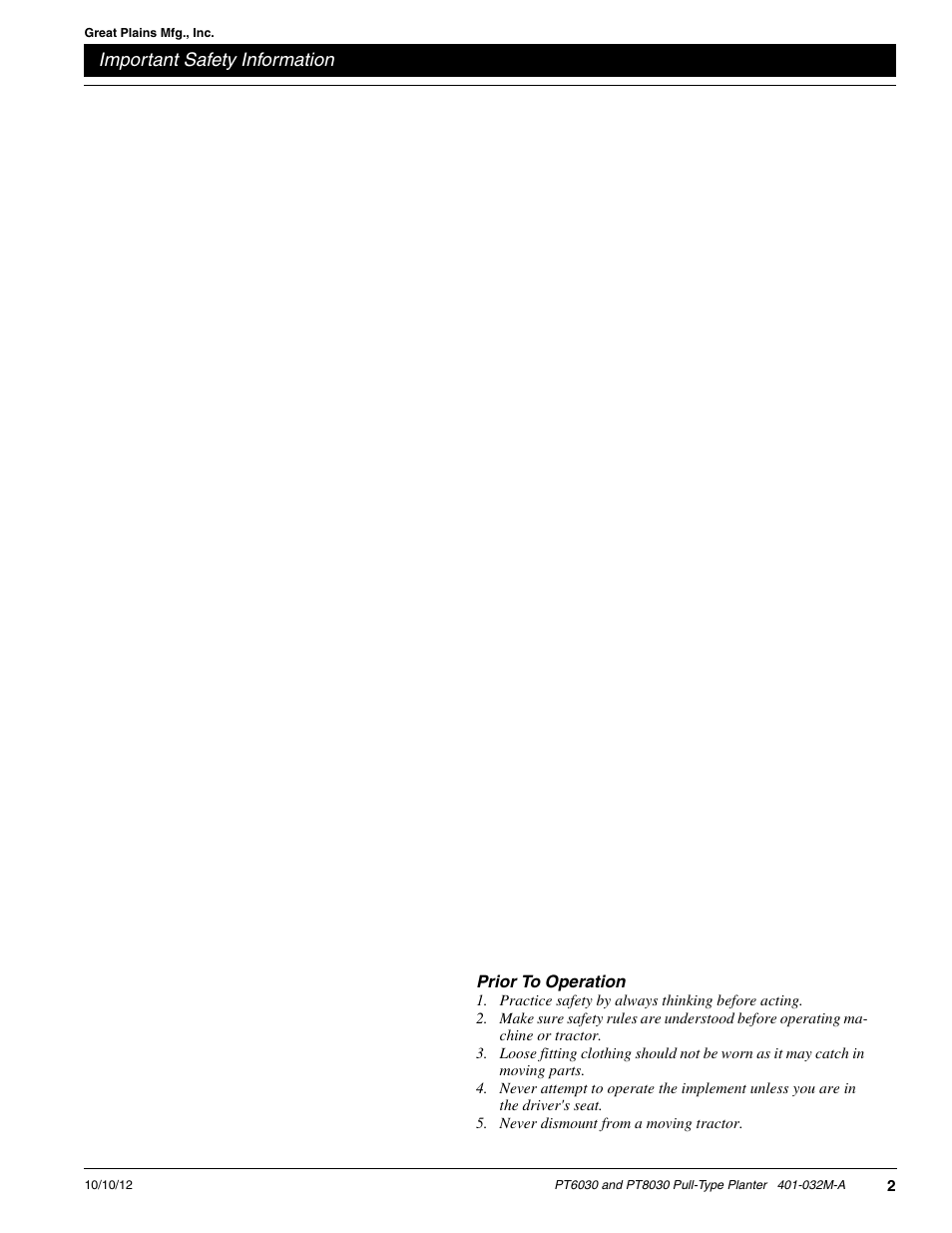 Use safety lights and devices, Transport machinery safely, Use a safety chain | Prior to operation | Great Plains PT8030 V1013 Operator Manual User Manual | Page 4 / 56