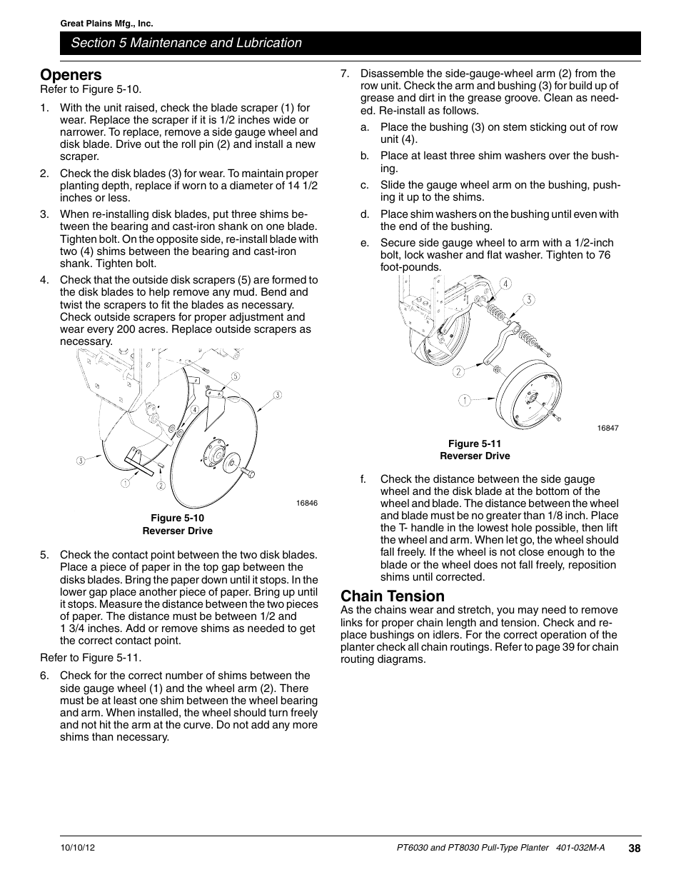 Openers, Chain tension | Great Plains PT8030 V1013 Operator Manual User Manual | Page 40 / 56