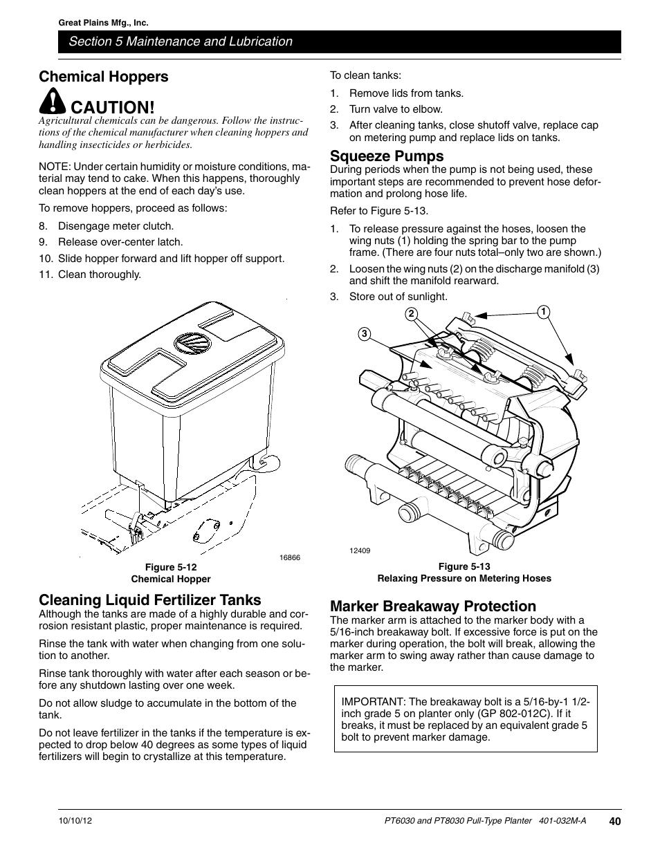 Chemical hoppers, Cleaning liquid fertilizer tanks, Squeeze pumps | Marker breakaway protection, Caution | Great Plains PT8030 V1013 Operator Manual User Manual | Page 42 / 56