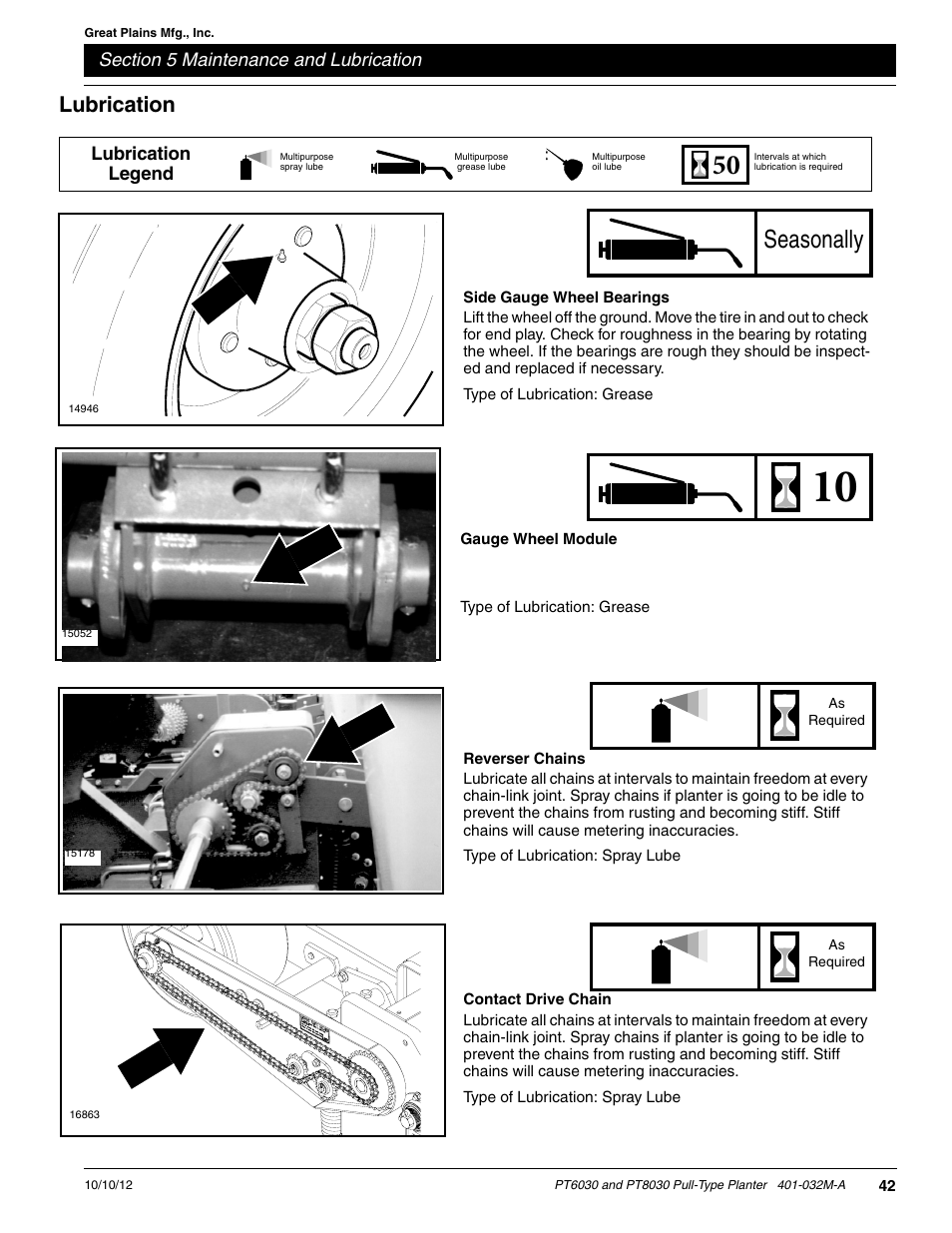 Lubrication, Side gauge wheel bearings, Reverser chains | Contact drive chain, Gauge wheel module, Seasonally | Great Plains PT8030 V1013 Operator Manual User Manual | Page 44 / 56