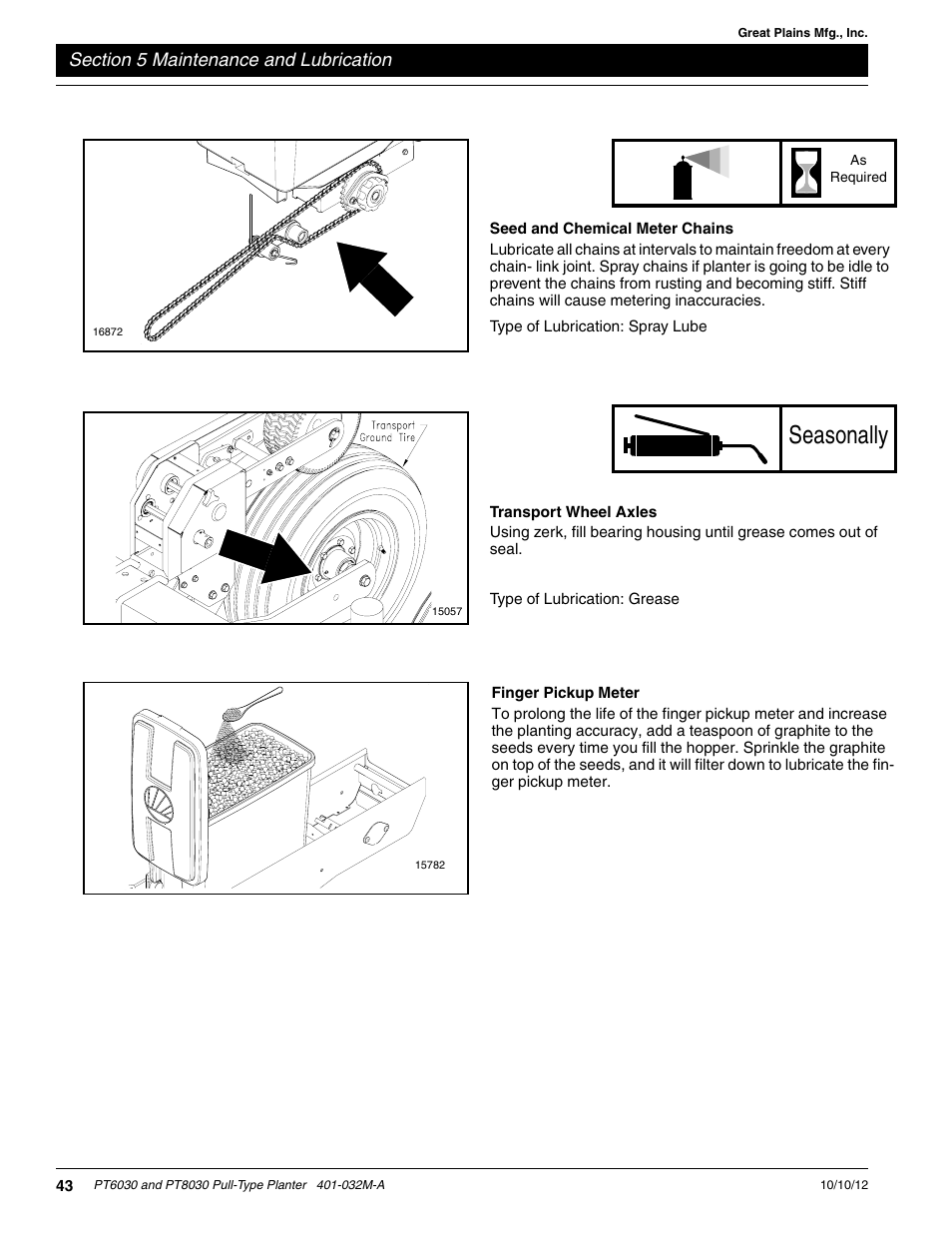 Seed and chemical meter chains, Finger pickup meter, Transport wheel axles | Seasonally | Great Plains PT8030 V1013 Operator Manual User Manual | Page 45 / 56